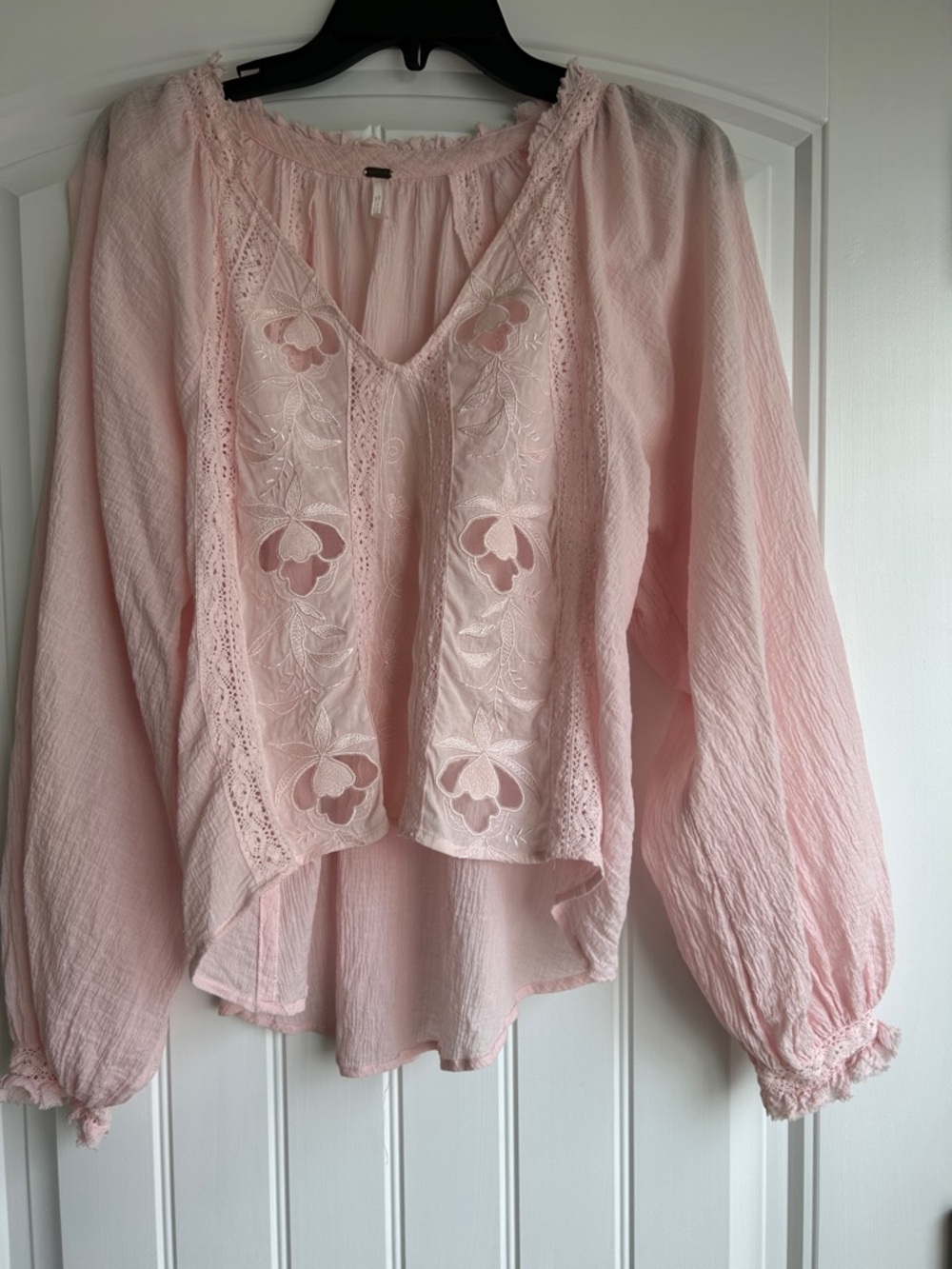 Free People Light Pink Floral Embroidered V-Neck Blouse
